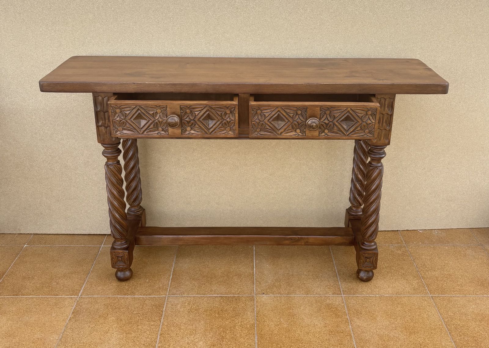 Spanish Carved Console Table With Barley Twist Legs And Two Drawers, 1930s photo vinterior