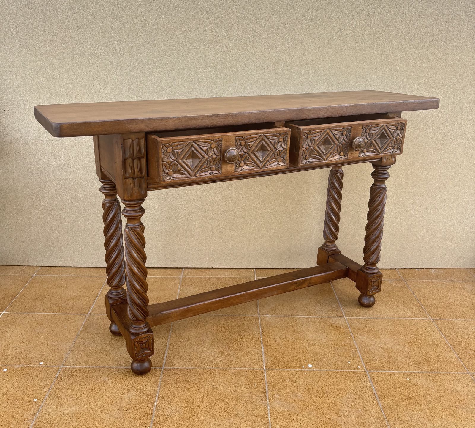 Spanish Carved Console Table With Barley Twist Legs And Two Drawers, 1930s photo buy