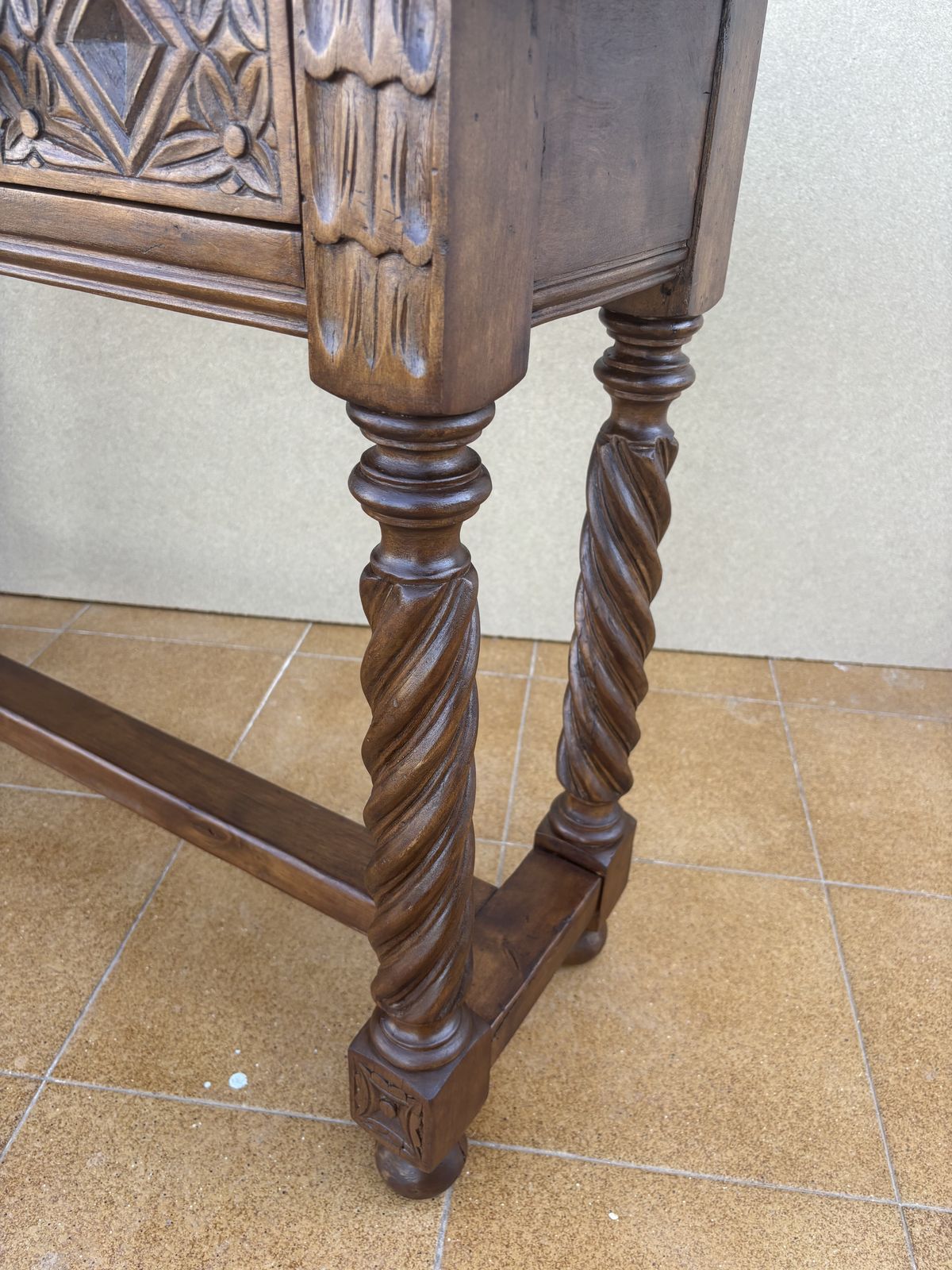 photo for sale Spanish Carved Console Table With Barley Twist Legs And Two Drawers, 1930s