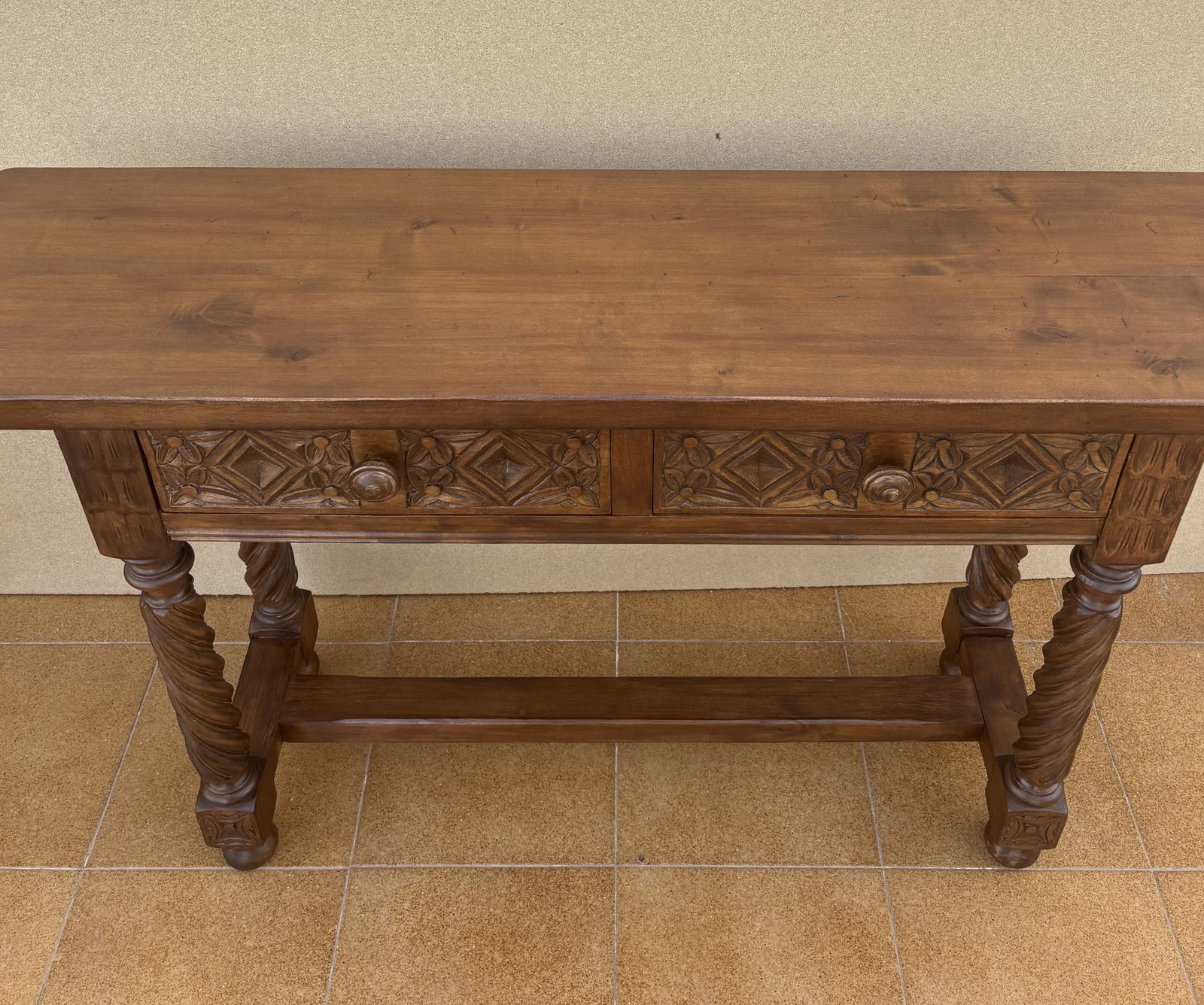 Furniture Spanish Carved Console Table With Barley Twist Legs And Two Drawers, 1930s photo