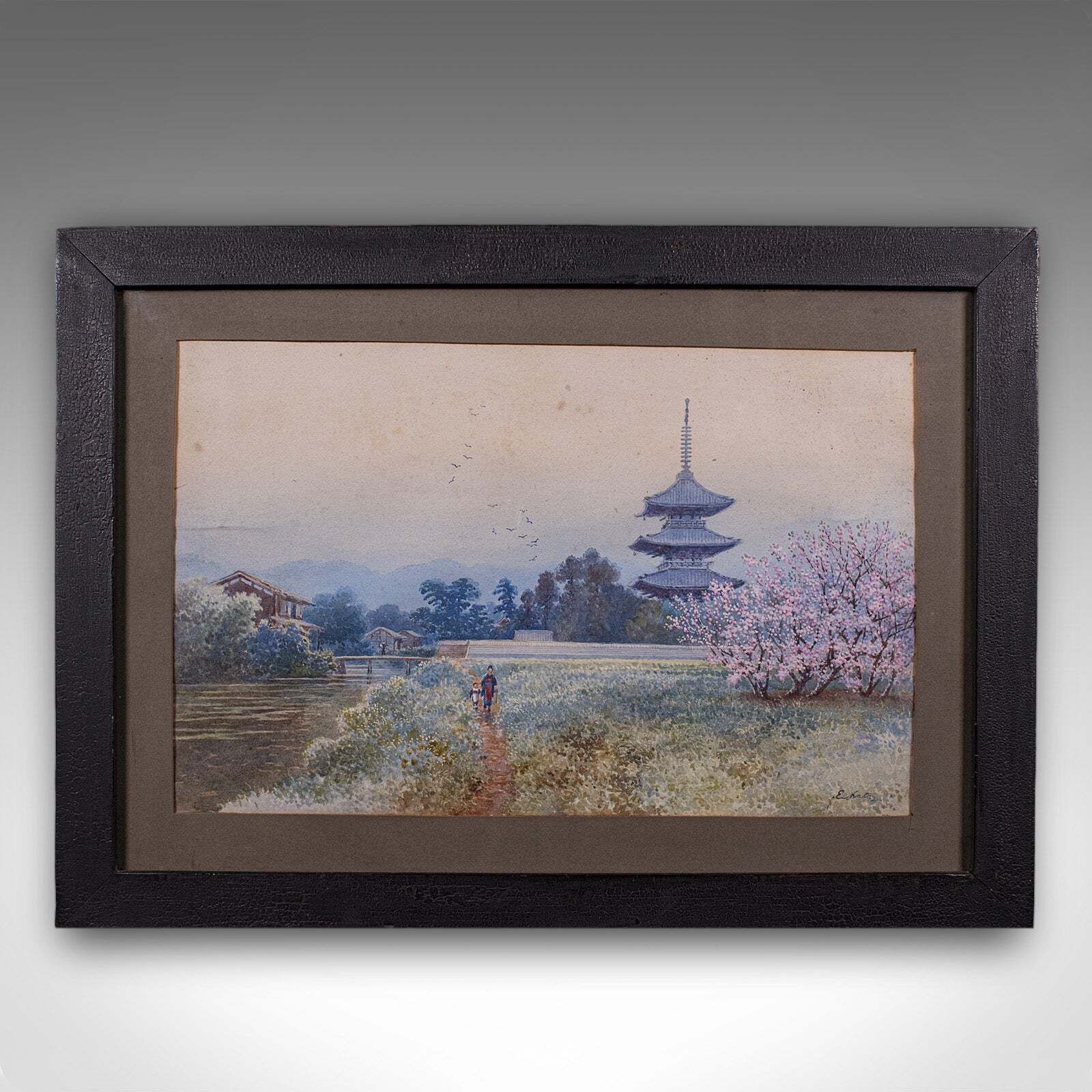 Vintage Landscape Painting, Japanese School, Watercolour, Art, Mid Century, 1960 photo furniture