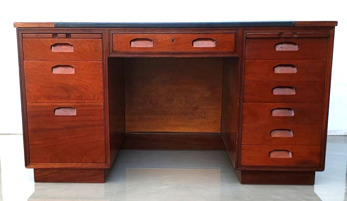 A Mid Century Art Deco Solid Mahogany And Teak Ministry Style Desk photo furniture