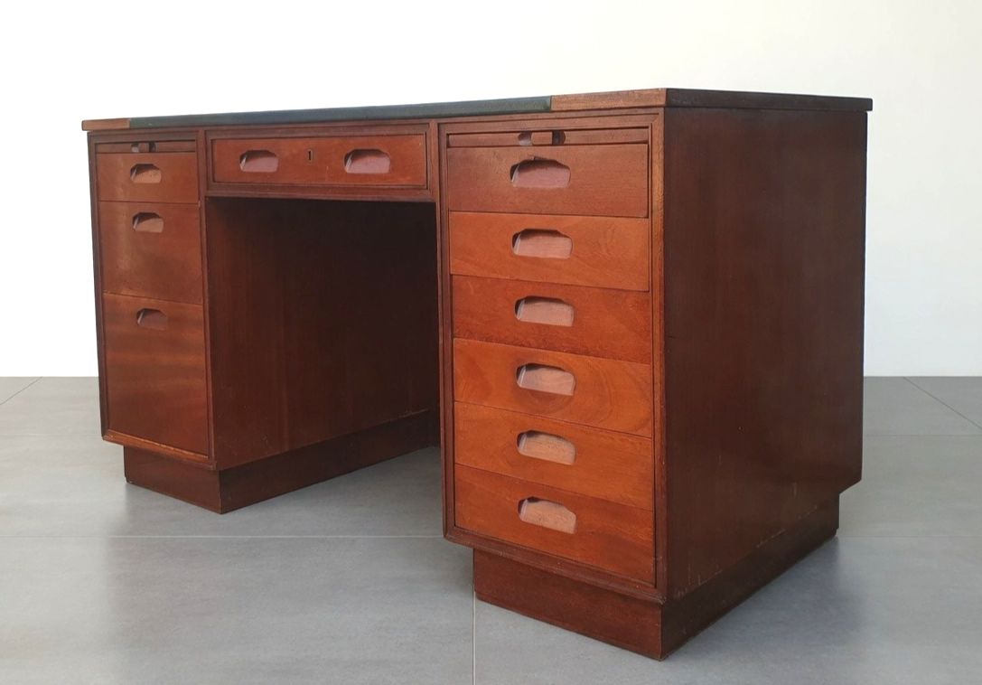 A Mid Century Art Deco Solid Mahogany And Teak Ministry Style Desk photo for sale