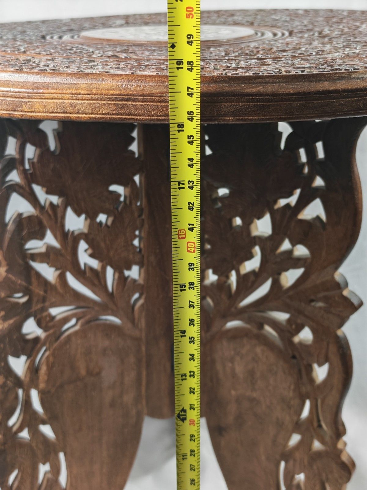 Indian Carved Folding Side Table Contrast Inlay Hoshiarpur Wooden Round photo vintage