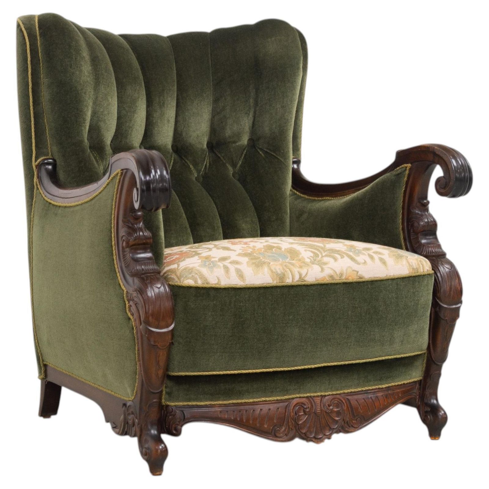 Danish Carved Lounge Chair In Green Velvet, 1920s.