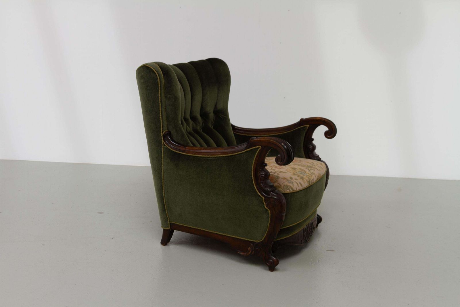 Danish Carved Lounge Chair In Green Velvet, 1920s. photo vintage
