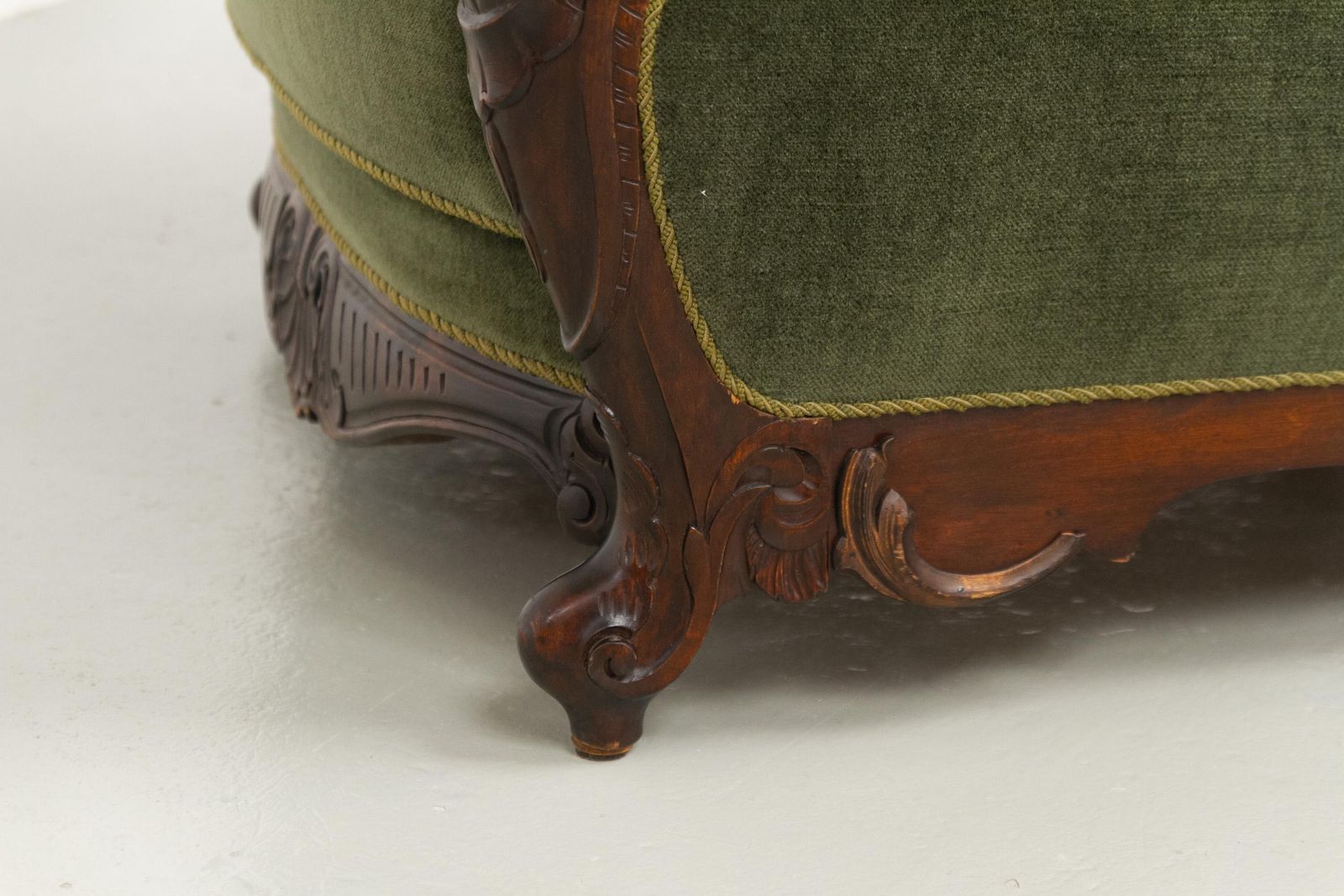 photo buy Danish Carved Lounge Chair In Green Velvet, 1920s.
