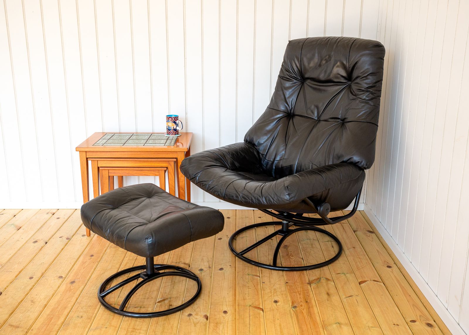photo buy Norwegian Black Leather Lounge Chair & Footstool Set Swivel Reclining Ekornes Stressless 1980s Mid Century Star Wars Darth Vader Ottoma.N Mcm