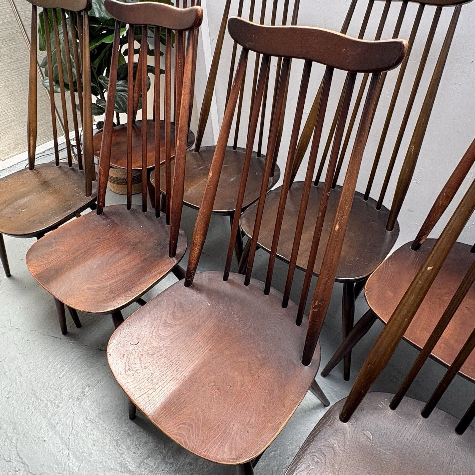 8 Vintage Blue Label Ercol Model 369 Windsor Goldsmith Dark Finish Dining Chairs photo vintage