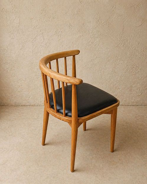 Small Mid Century Solid Wood Chair With Curved Back And Black Vinyl Seat photo furniture