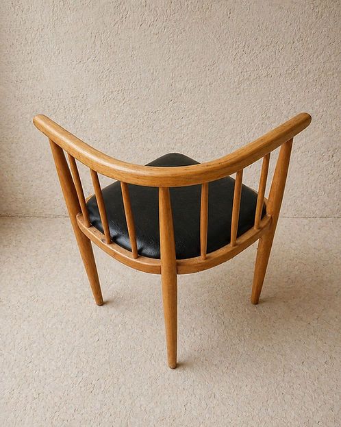 Small Mid Century Solid Wood Chair With Curved Back And Black Vinyl Seat photo Furniture
