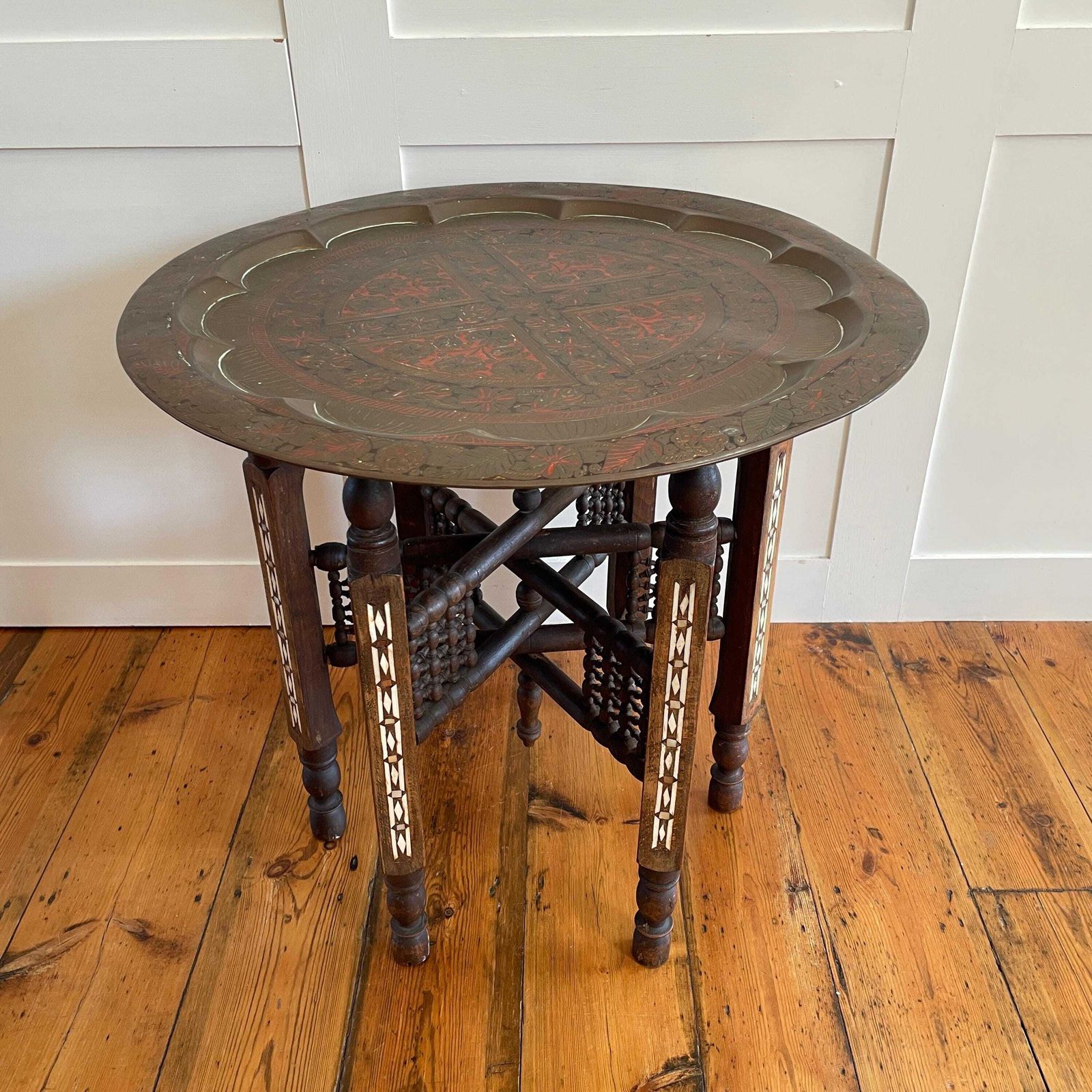 Indian Brass Tray Table Carved Wood Mother Of Pearl Inlay Folding Stand Vintage Boho Accent Side Table Handmade