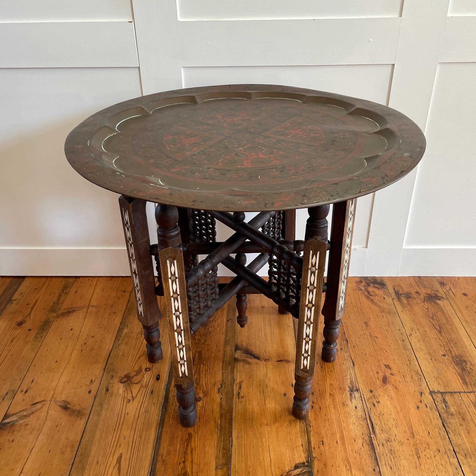 Furniture Indian Brass Tray Table Carved Wood Mother Of Pearl Inlay Folding Stand Vintage Boho Accent Side Table Handmade photo