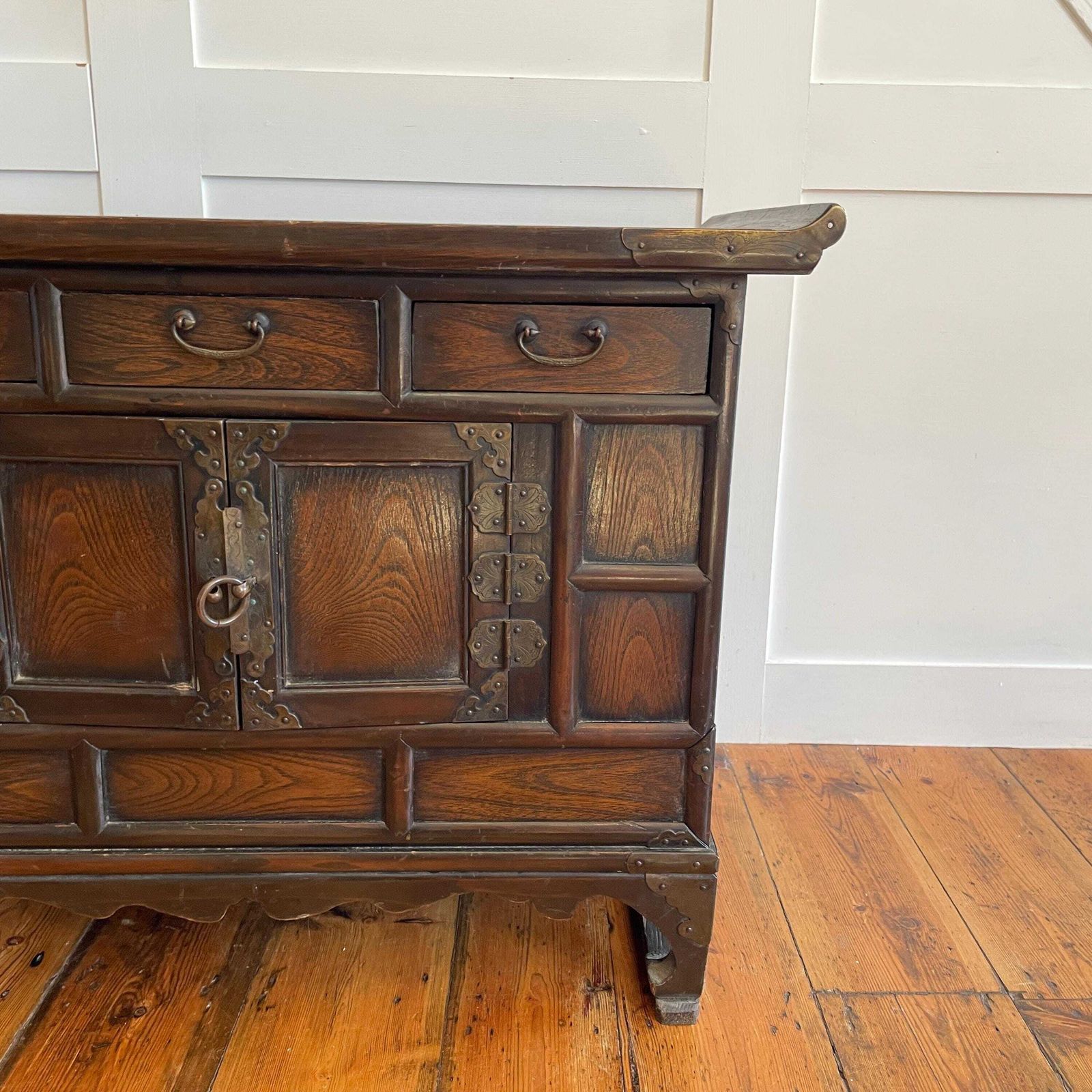 Oriental Style Side Cabinet Brass Hardware Hidden Drawers Indian Made Vintage Chunky Wood Chinese Inspired photo Furniture