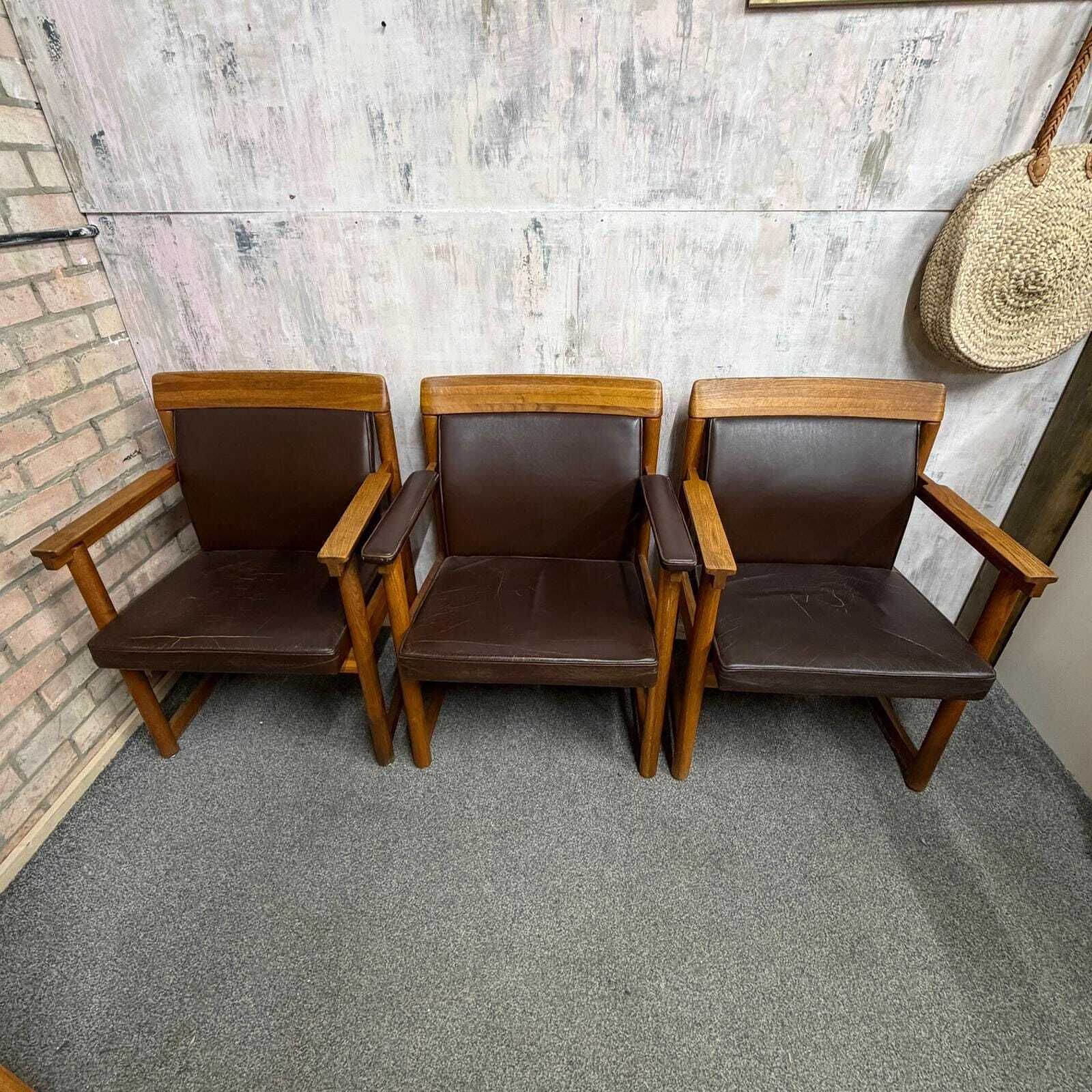 Set 3 Ferd. Lundquist 1970’s Mid Century Swedish Oak And Faux Leather Armchairs photo furniture