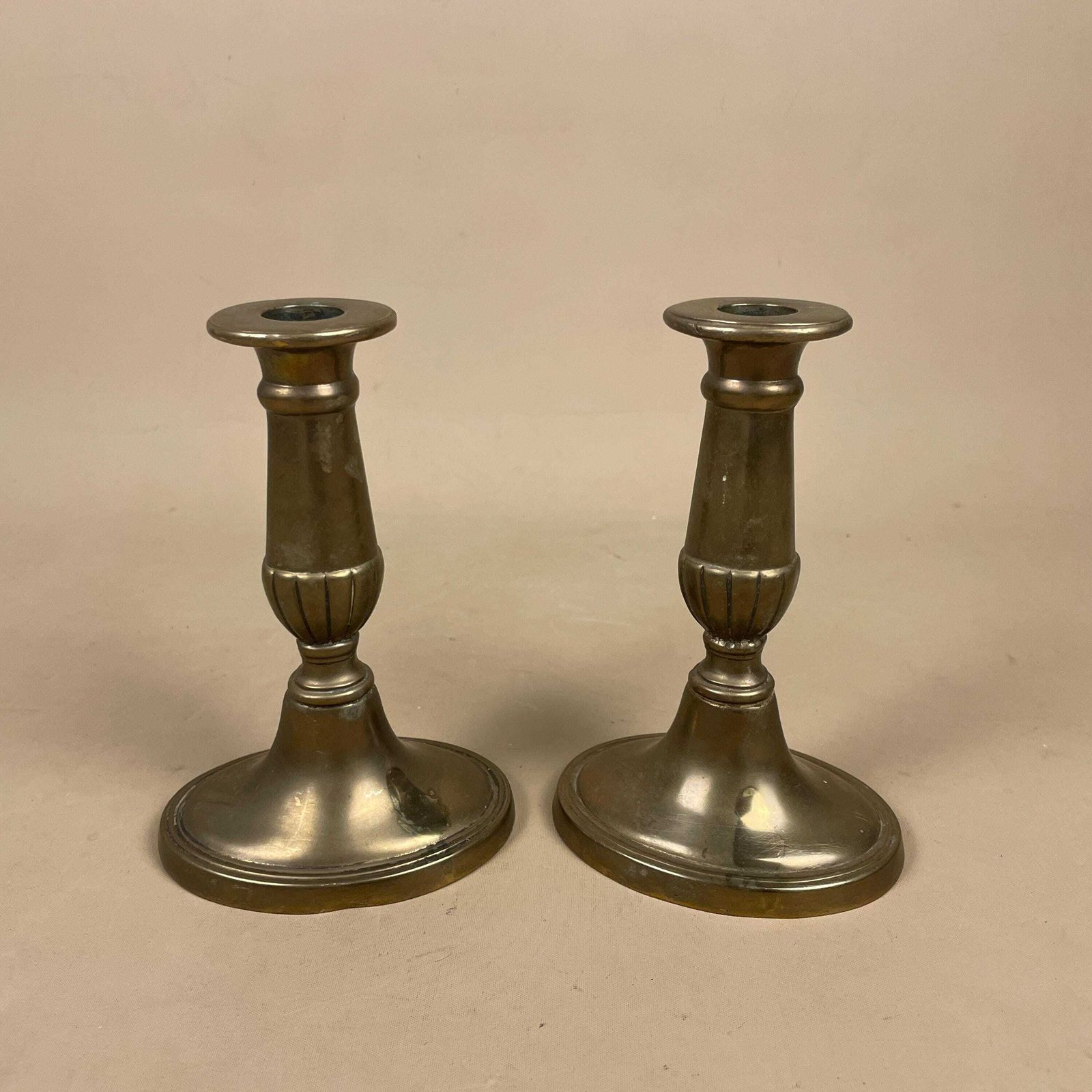 Antique Matching Pair Of Gold Brass Metal Candlestick Candle Stick Holders Vintage Column Taper Dinner Candlesticks Base Pillar Holder photo for sale