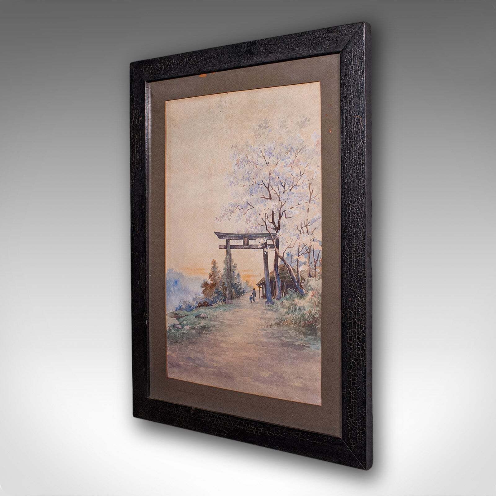 Vintage Torii Gate Landscape Painting, Japanese School, Watercolour, Art, C.1960 photo for sale