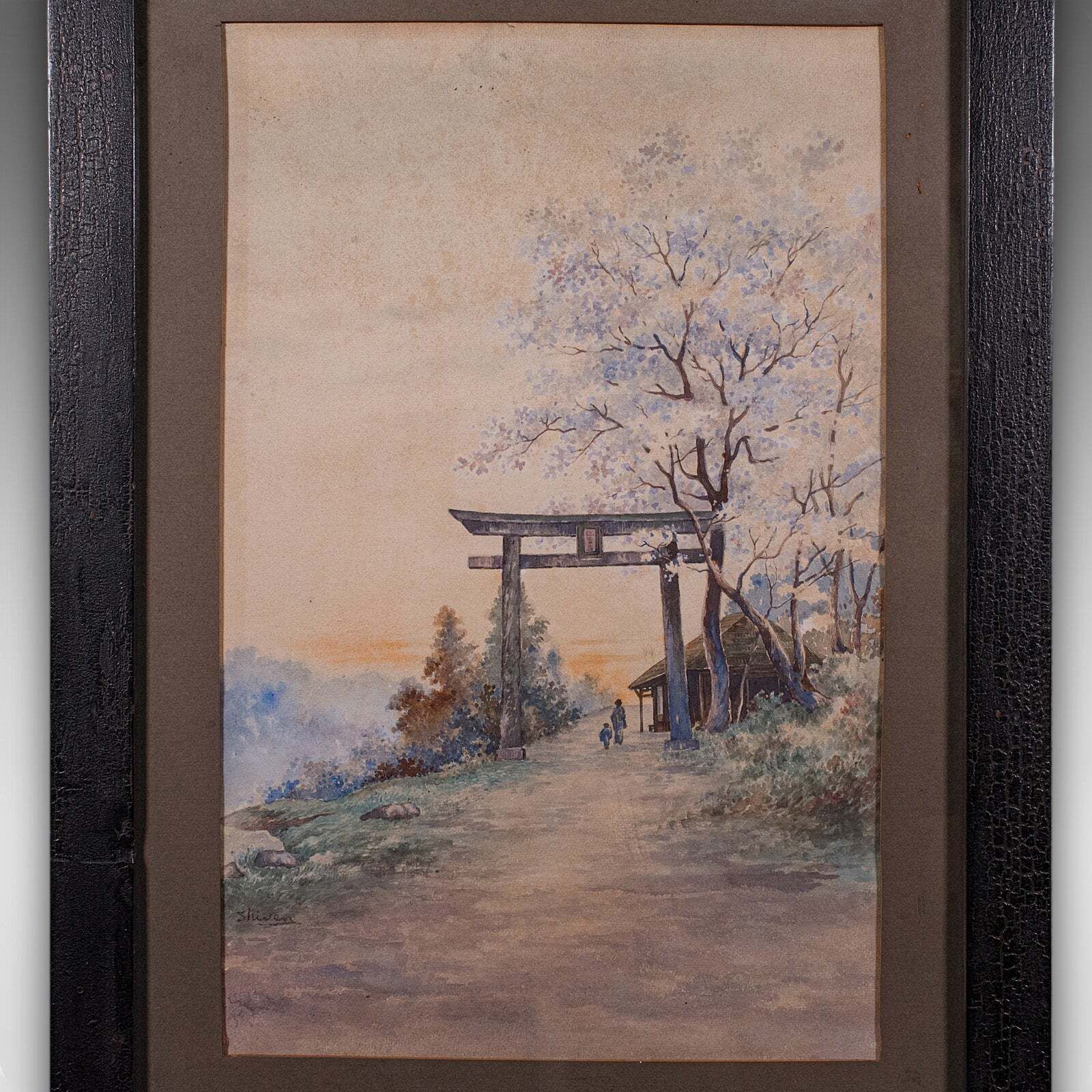 Vintage Torii Gate Landscape Painting, Japanese School, Watercolour, Art, C.1960 photo Art