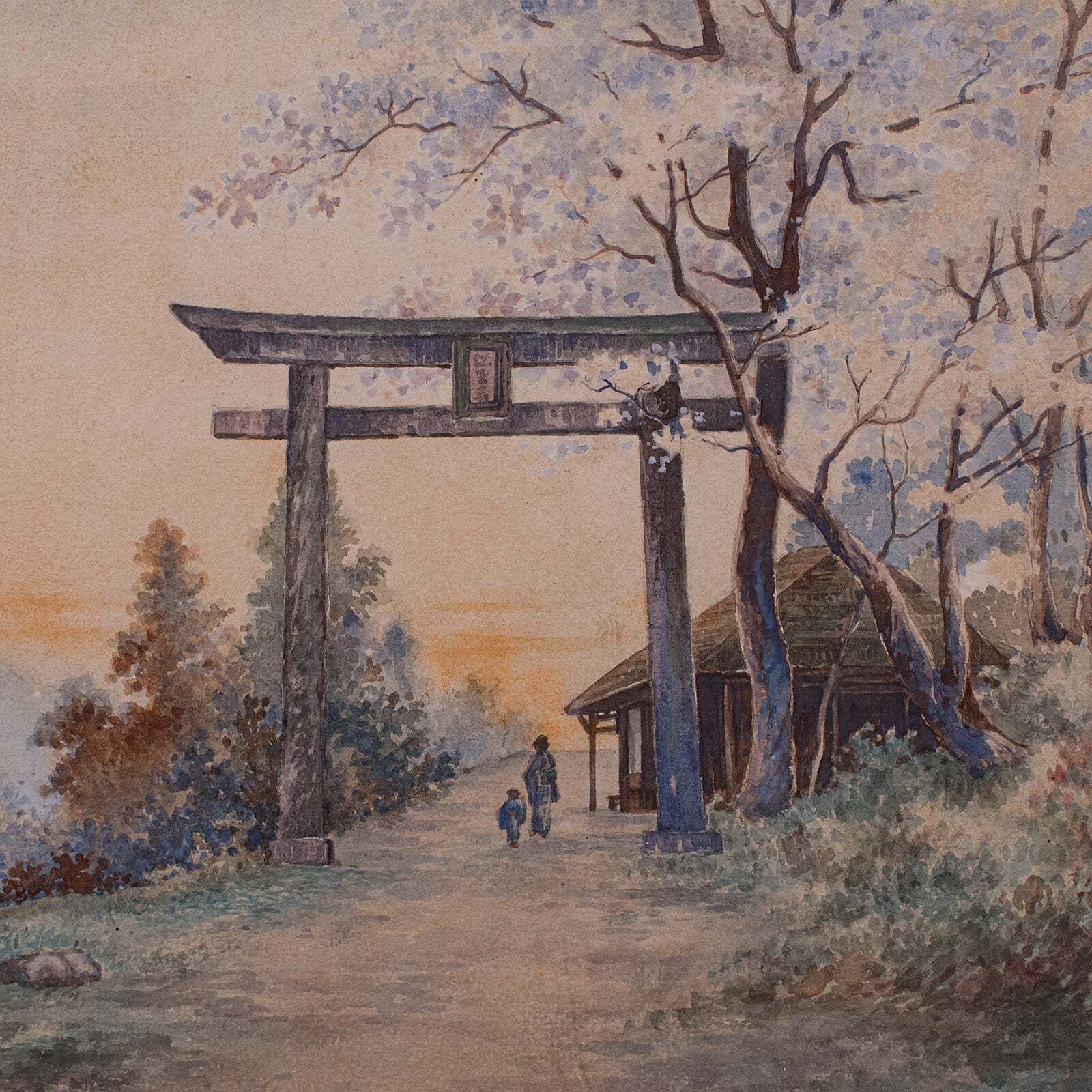 Vintage Torii Gate Landscape Painting, Japanese School, Watercolour, Art, C.1960 photo 638.0