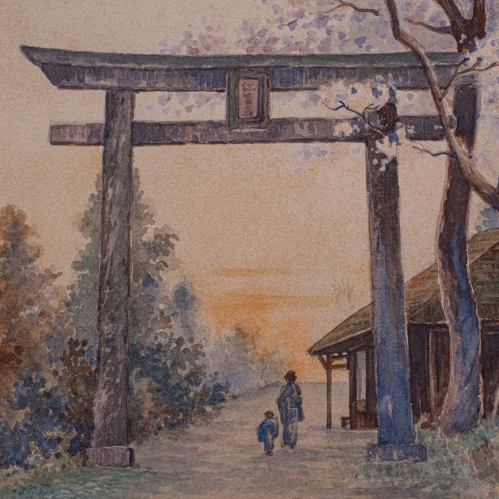 Vintage Torii Gate Landscape Painting, Japanese School, Watercolour, Art, C.1960 photo vintage