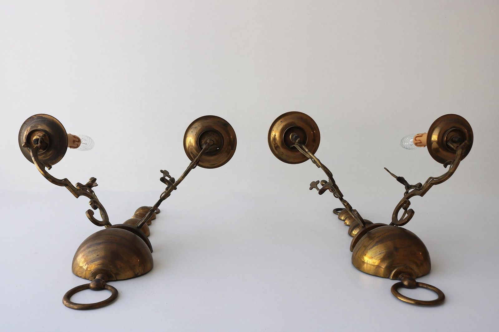 1290.0 Rare Pair Of Antique Brass Wall Sconces With Playful Figural Details – Large French/Spanish Style Lights With Rich Patina 1900 photo