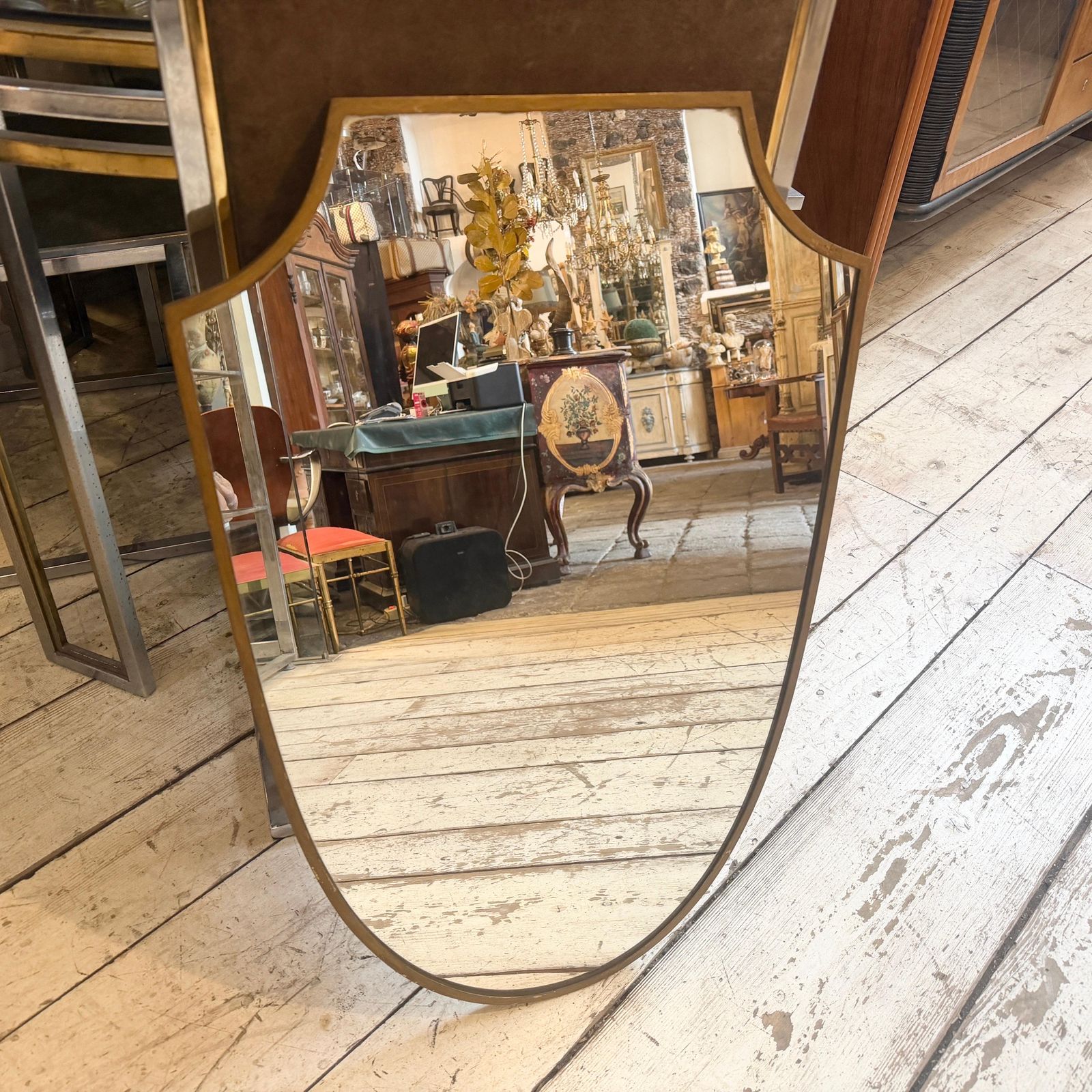 1950s Gio Ponti Style Mid Century Modern Brass Shield Italian Wall Mirror photo for sale