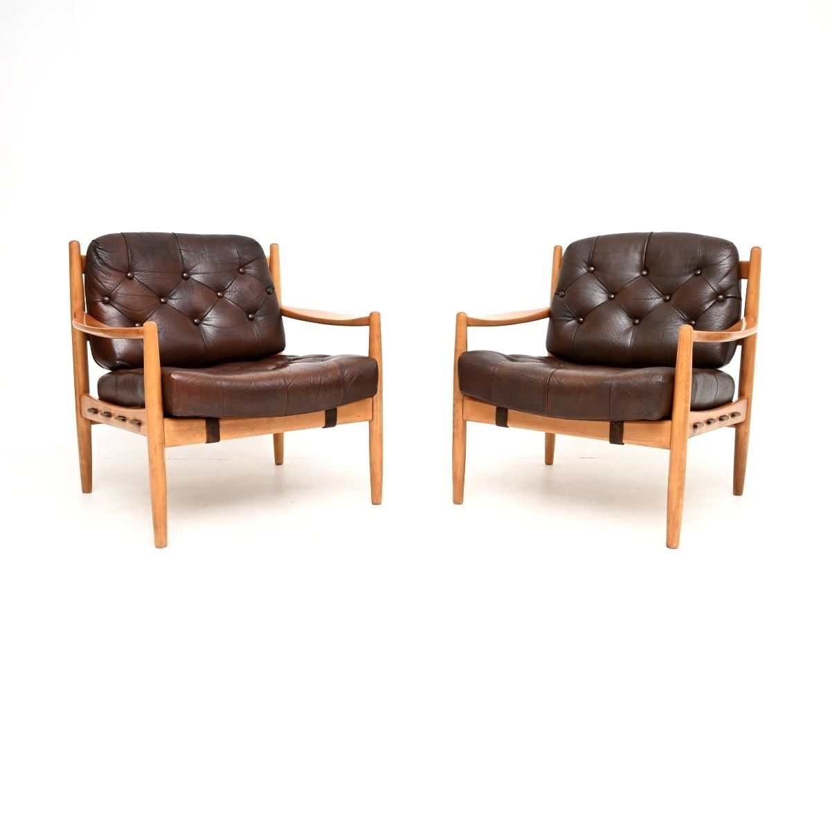 Pair Of Swedish Vintage Leather And Birch Armchairs By Ingemar Thillmark For Ope