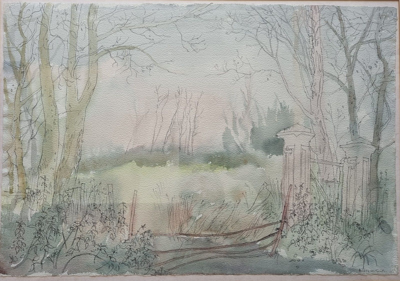 Large Framed Vintage Pen & Wash Painting Trees Landscape 'Mists' Audrey M Smith photo furniture