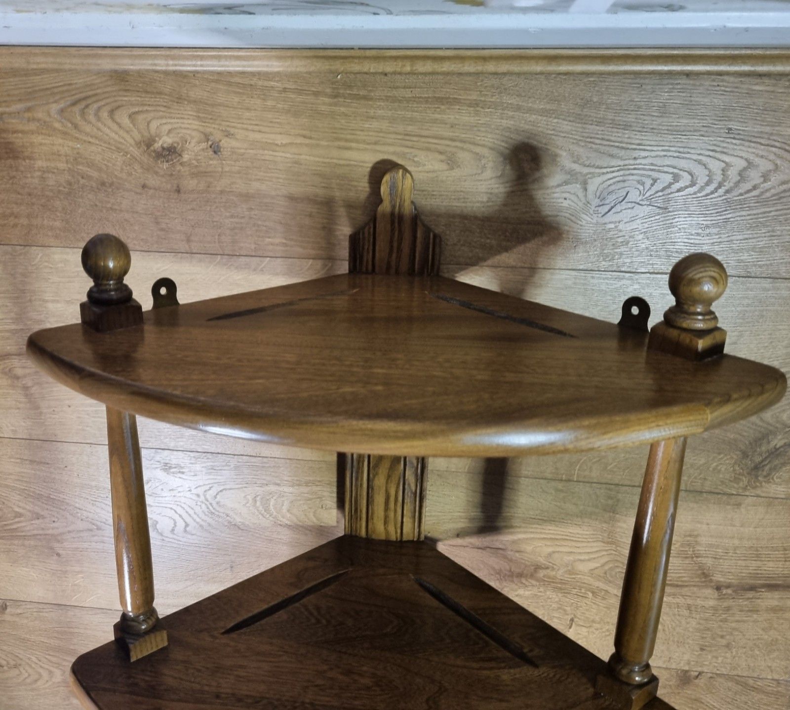Ercol 3 Tier Corner Shelf Wall Hanging Golden Dawn Elm Wooden Display What Not photo furniture