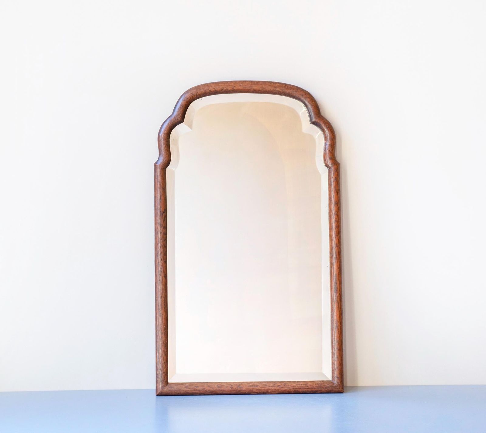 Antique Oak Mirror With Beveled Glass   Scalloped Frame   Large Curved Wooden Wall Mirror photo 588.0
