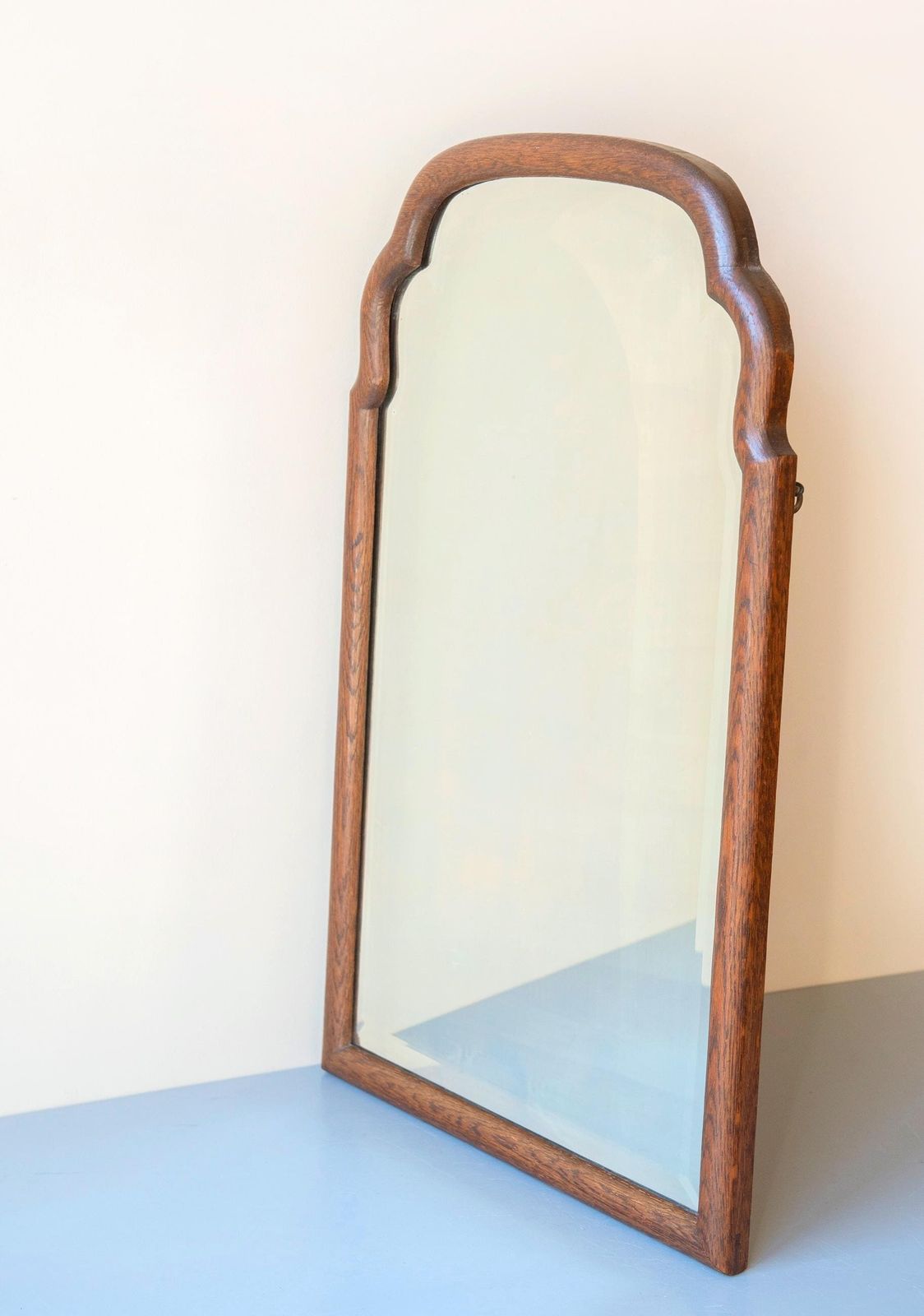 photo furniture Antique Oak Mirror With Beveled Glass   Scalloped Frame   Large Curved Wooden Wall Mirror