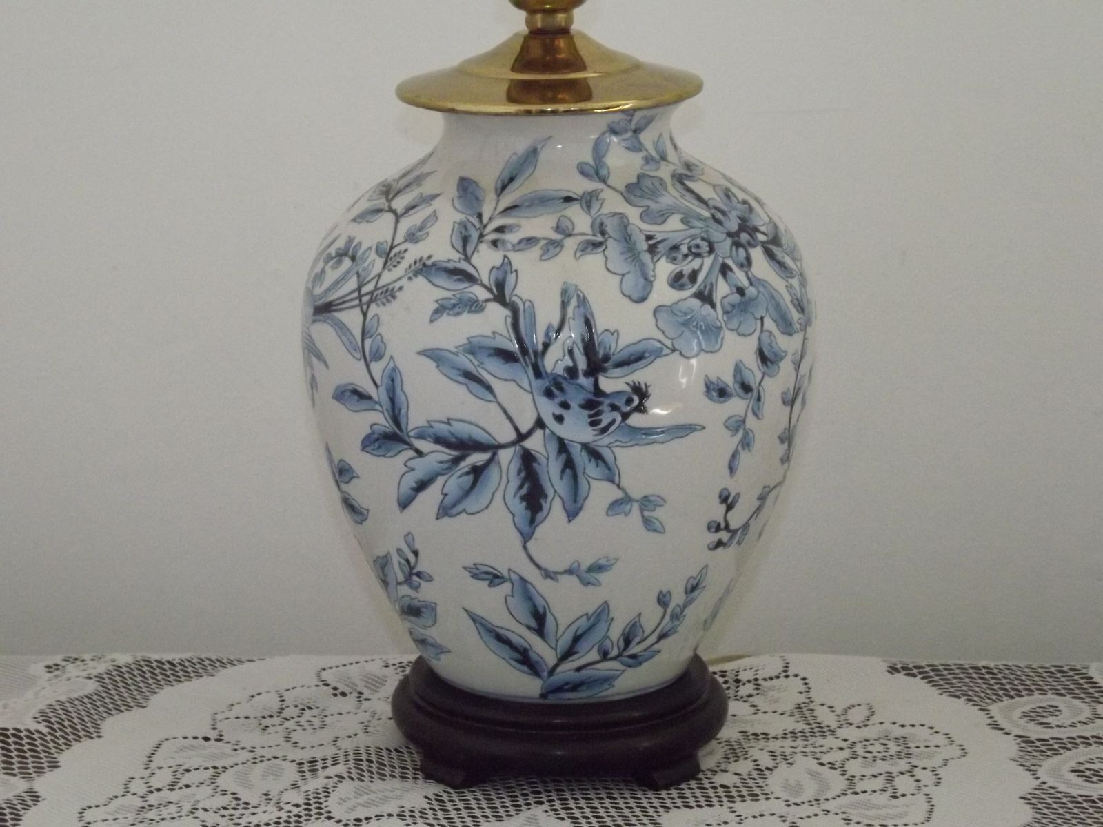 photo for sale Blue & White Chinoiserie Ginger Jar Table Lamp Raised Bird & Floral Motif