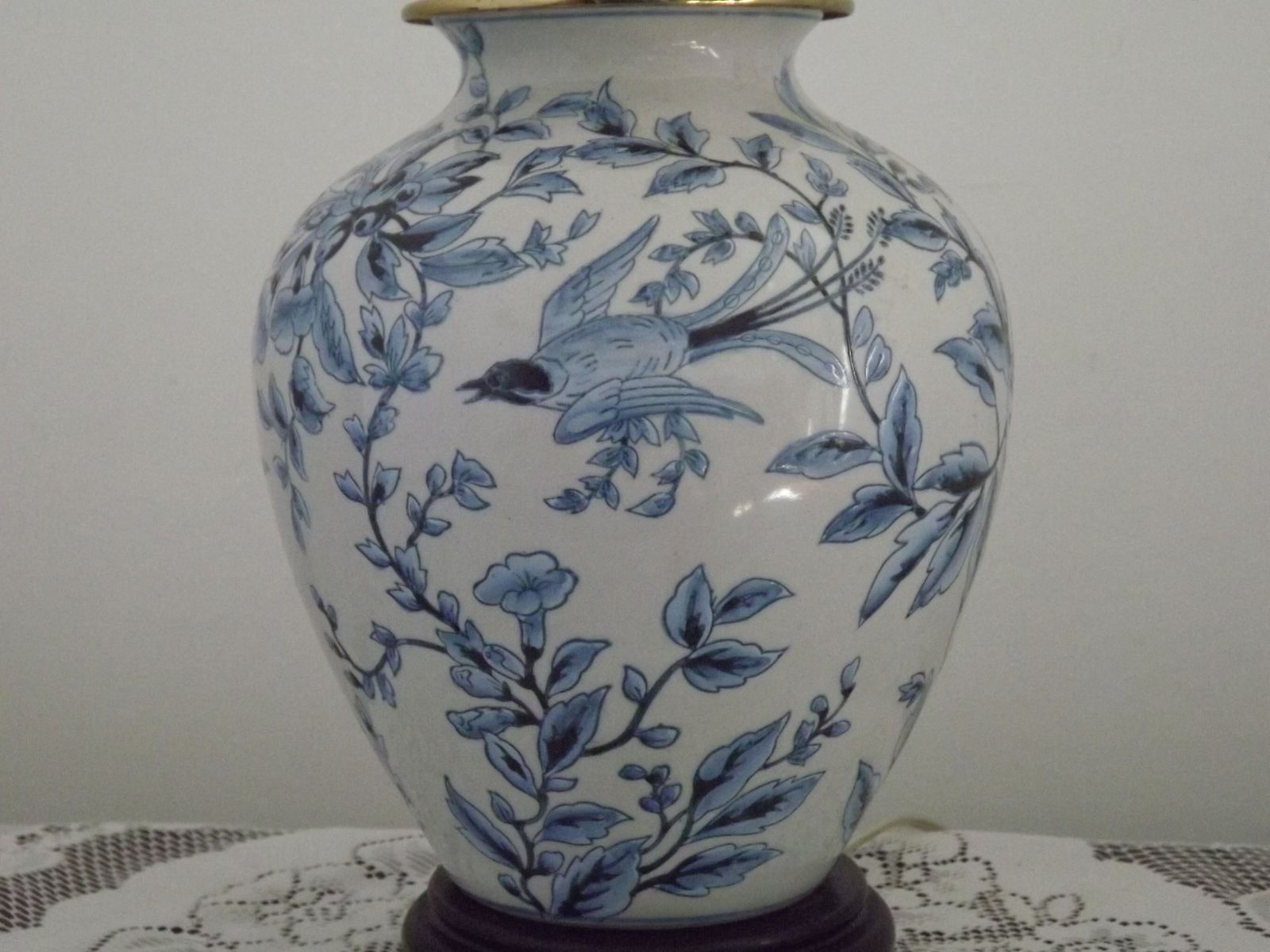 Lighting Blue & White Chinoiserie Ginger Jar Table Lamp Raised Bird & Floral Motif photo