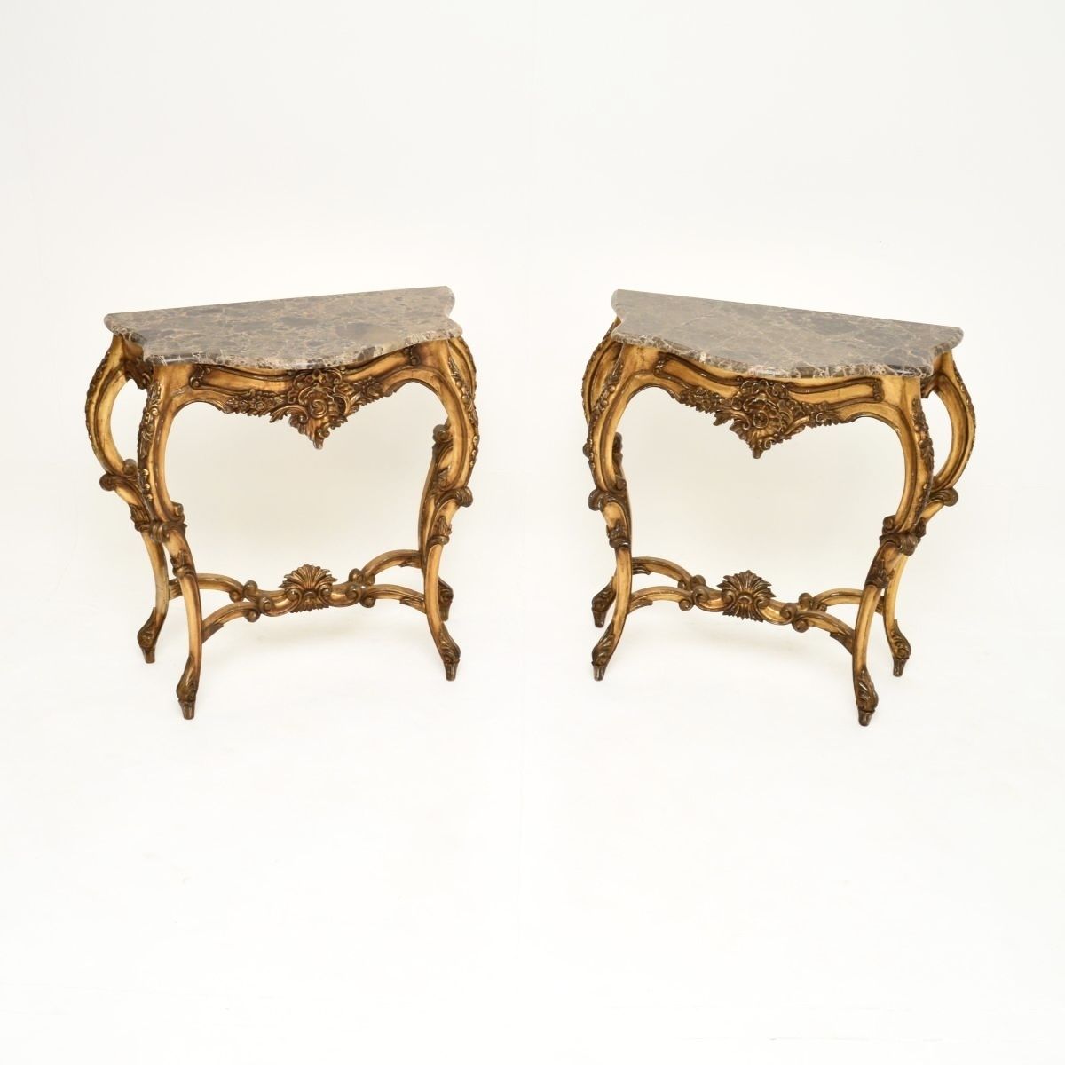 Pair Of Antique French Gilt Wood Marble Top Console Tables