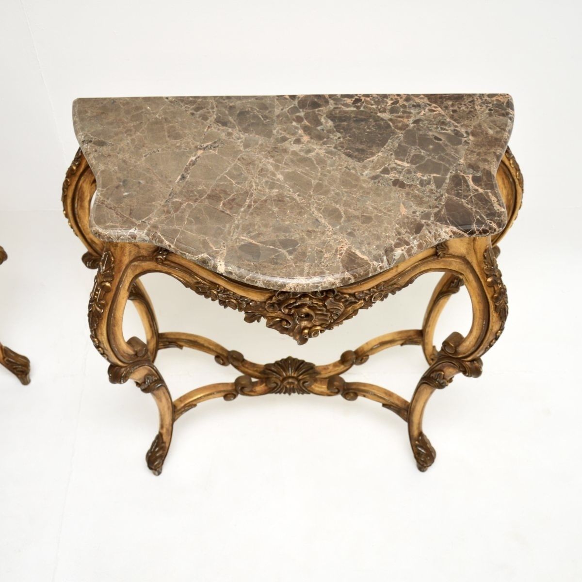 Pair Of Antique French Gilt Wood Marble Top Console Tables photo Furniture