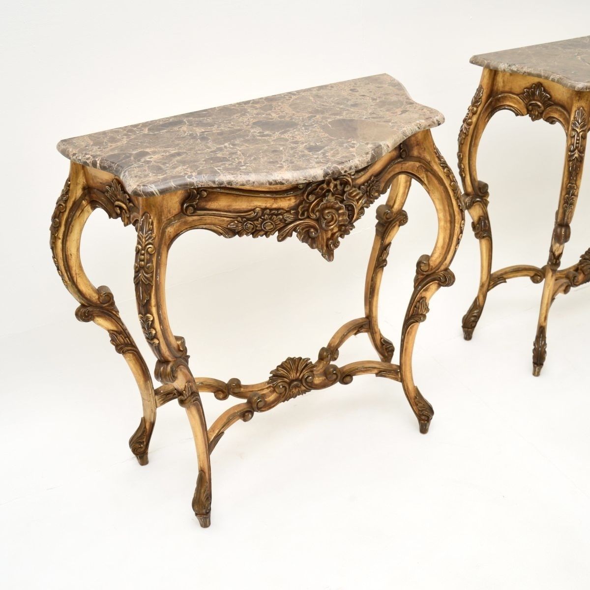 Pair Of Antique French Gilt Wood Marble Top Console Tables photo 1528.0