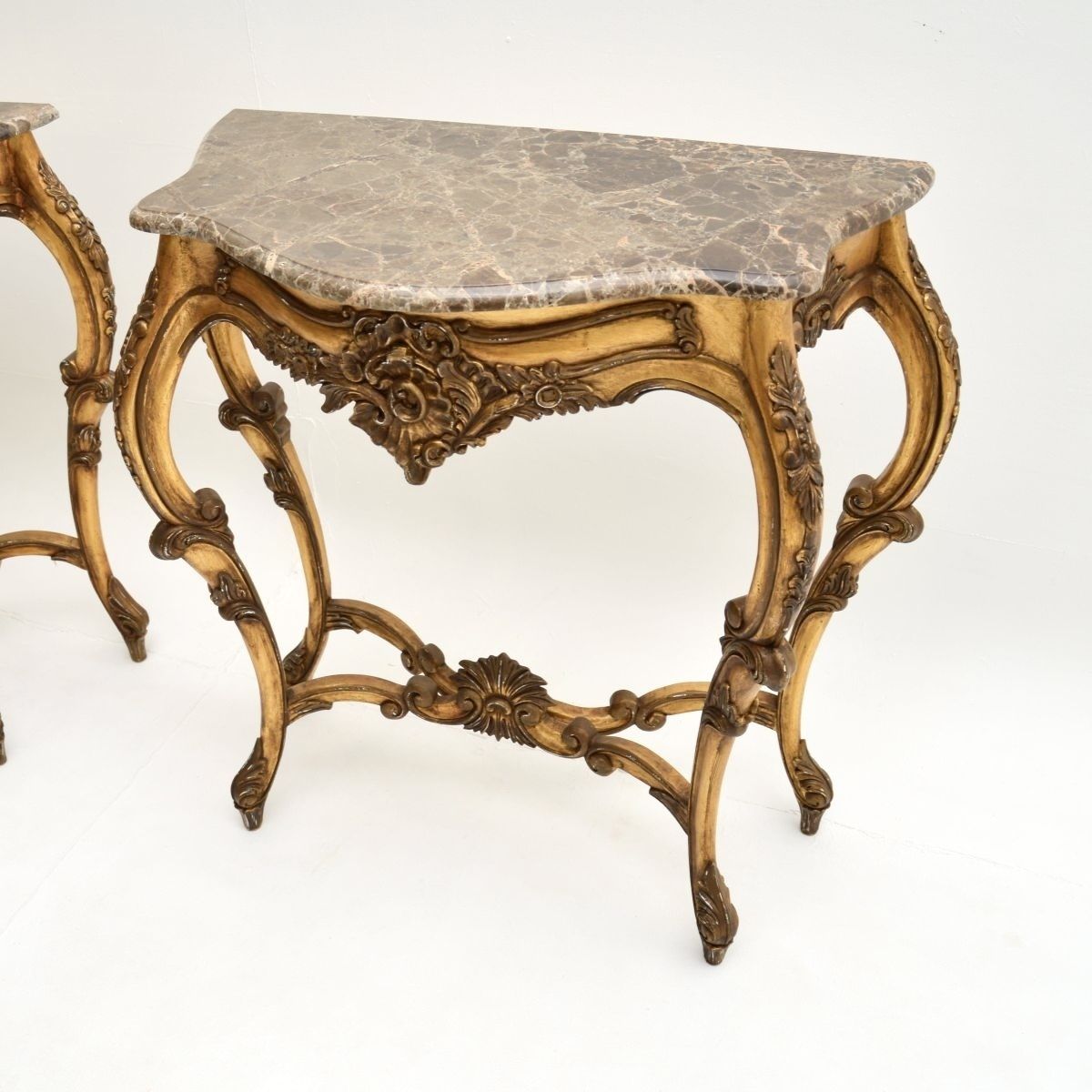 Pair Of Antique French Gilt Wood Marble Top Console Tables photo vinterior