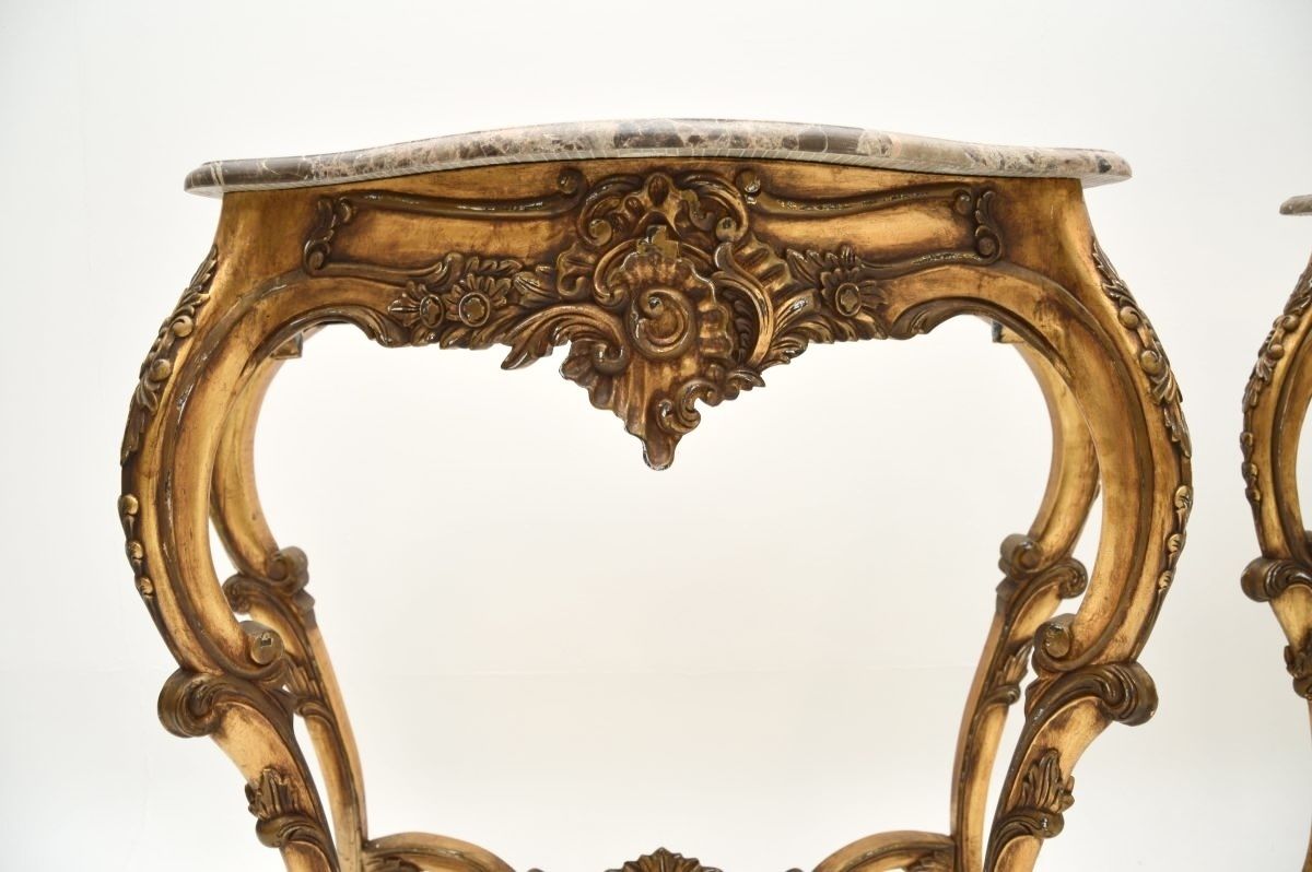photo furniture Pair Of Antique French Gilt Wood Marble Top Console Tables