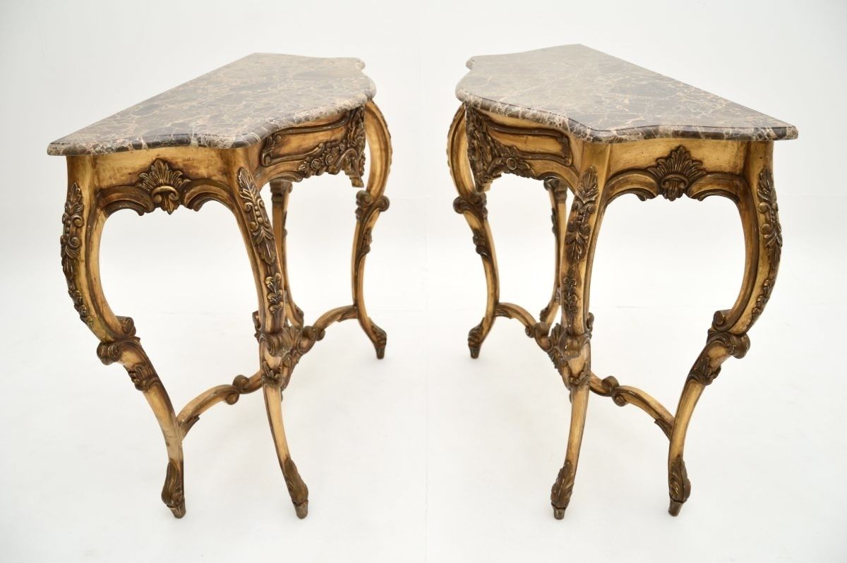 Furniture Pair Of Antique French Gilt Wood Marble Top Console Tables photo