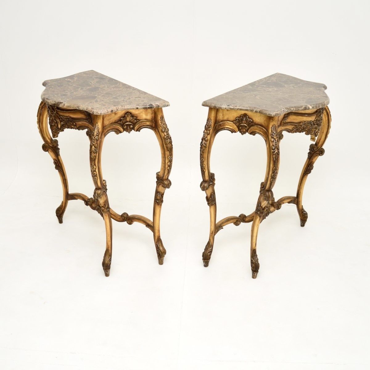 1528.0 Pair Of Antique French Gilt Wood Marble Top Console Tables photo