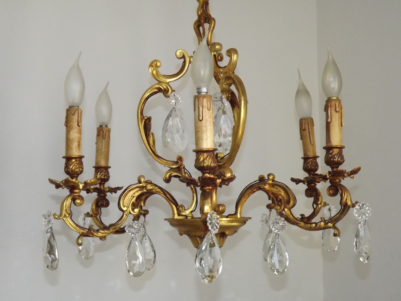 photo furniture Grand lustre à cage Art Nouveau en laiton et cristal à 6 lumières, France