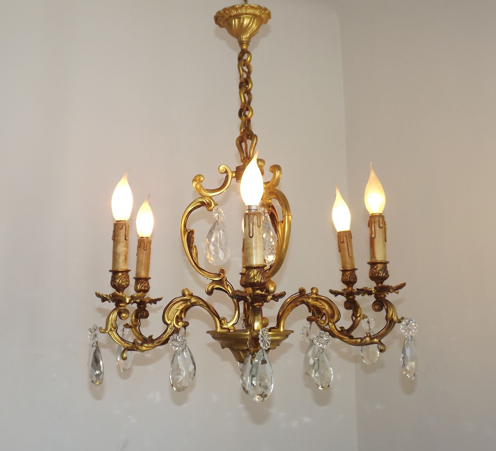 Grand lustre à cage Art Nouveau en laiton et cristal à 6 lumières, France photo Luminaires