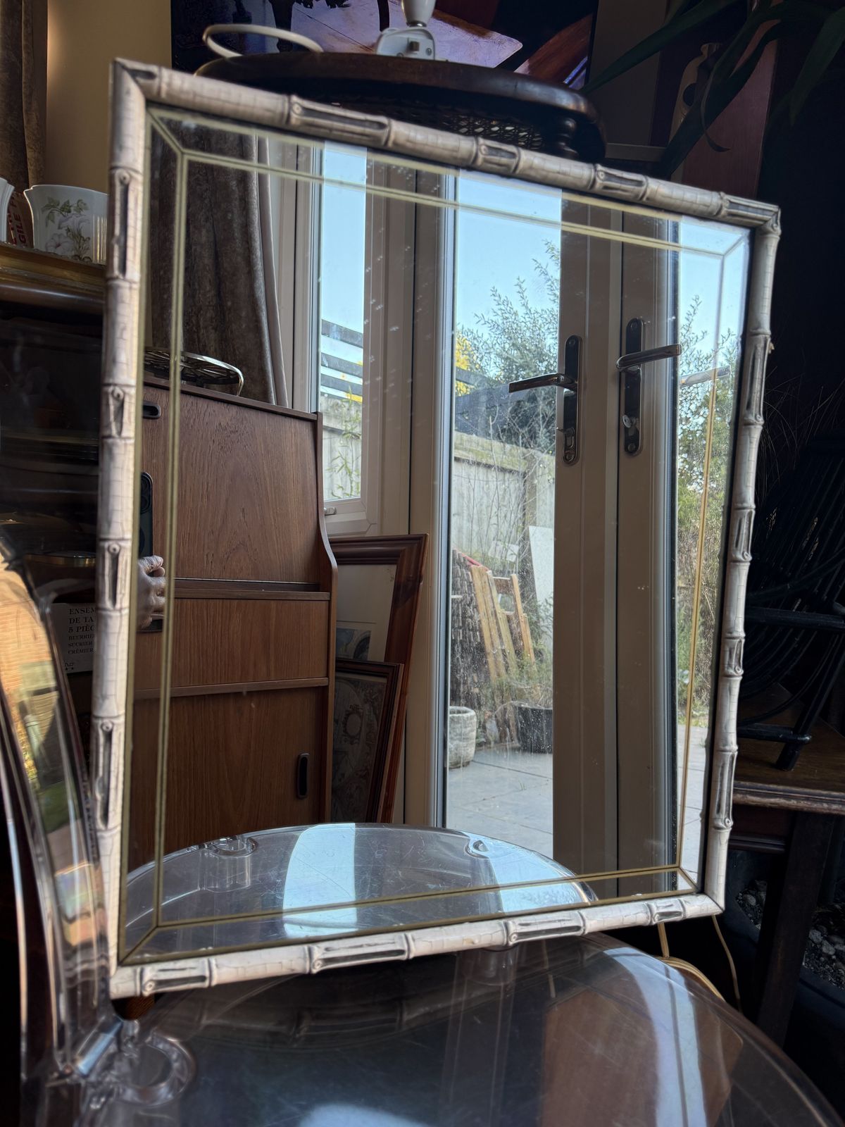 Rare 1970s Braddell Enterprises Silver & Black Faux Bamboo Mirror – Aged Pewter Finish – Hand Printed Geometric Border – 52.5cm photo Home Decor