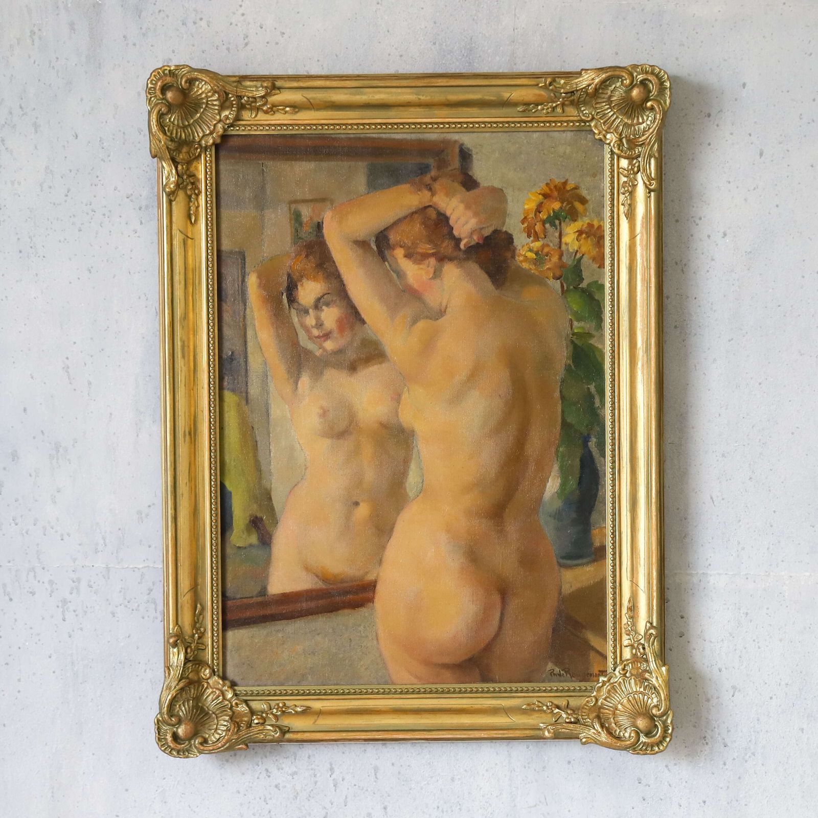 ‘Nude In Mirror’   Oil Painting By Philippe De Rougemont (1891–1965), Sweden 1930s 40s photo furniture