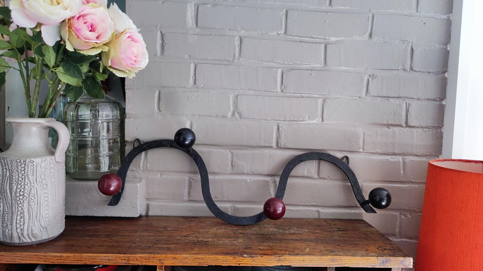 1960s French Iron Wall Coat Rack With Wood Ball Hooks photo furniture