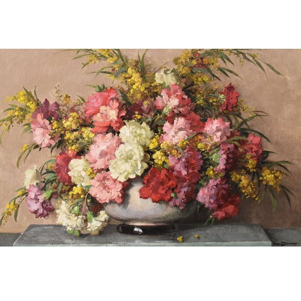 Art Deco Still Life Painting, Flowers, Carnations And Mimosas, Oil On Canvas, XX. (Qf735) photo for sale