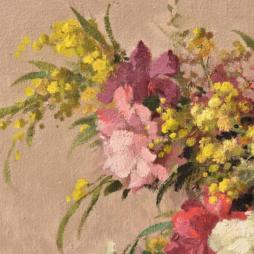 Art Deco Still Life Painting, Flowers, Carnations And Mimosas, Oil On Canvas, XX. (Qf735) photo buy