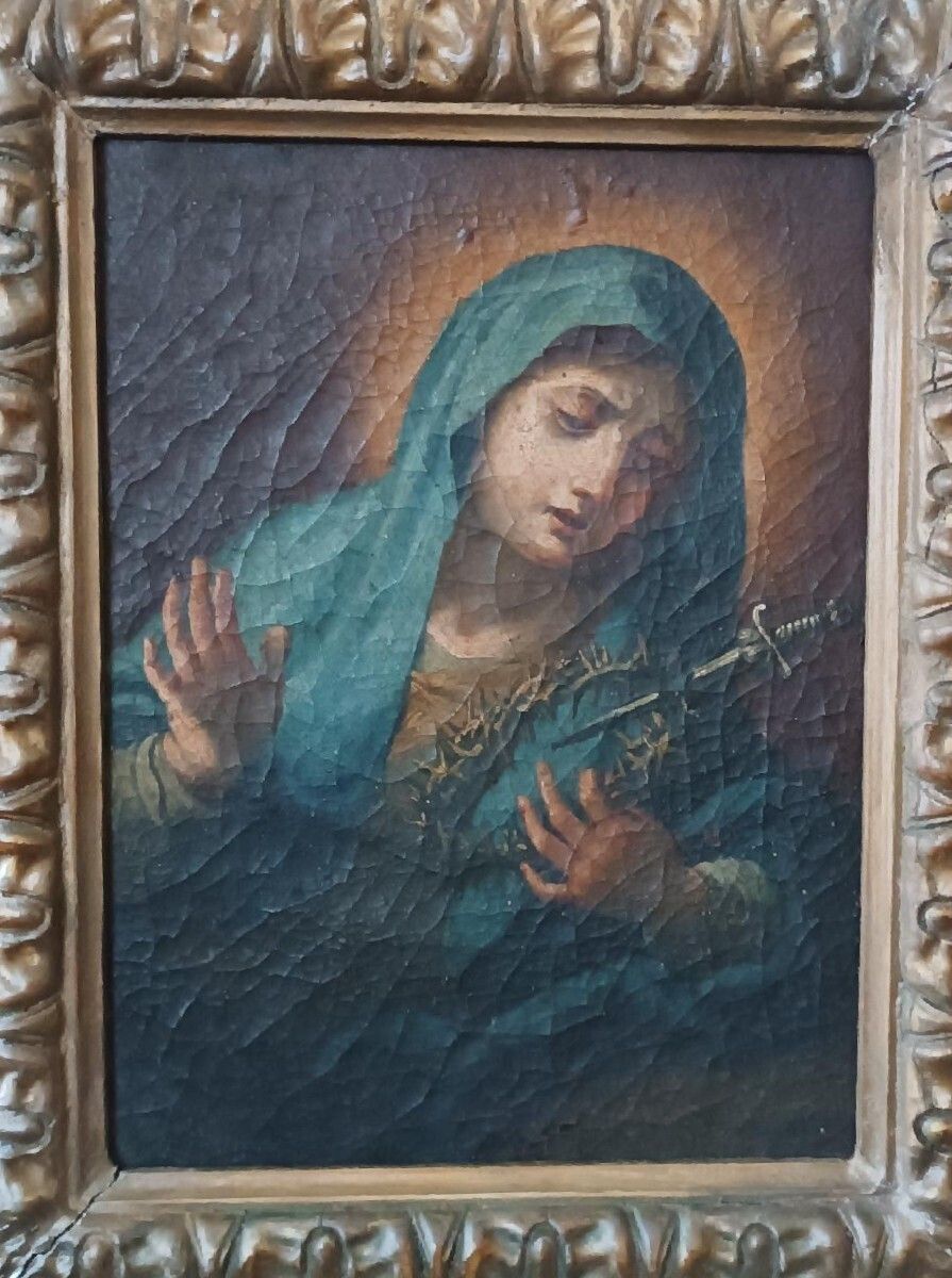 Antique Oil Painting On Canvas "Our Lady Of Sorrows" photo for sale