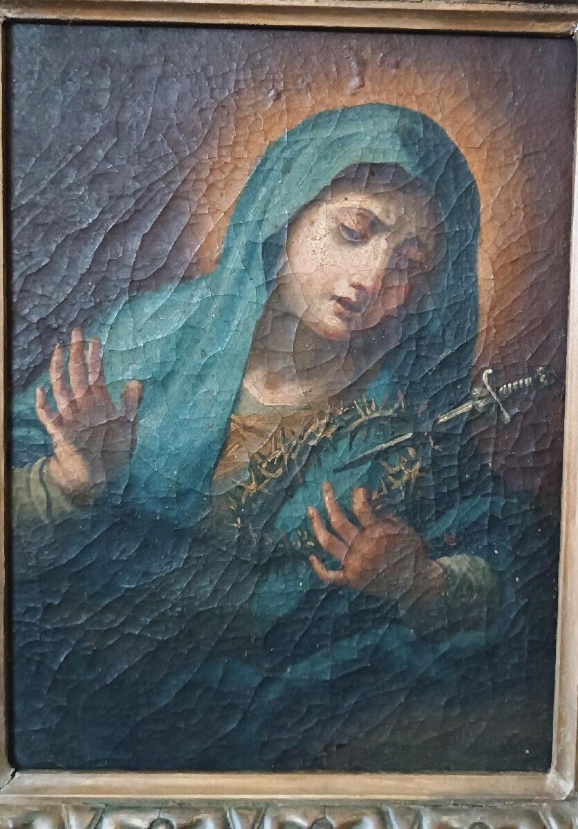 Antique Oil Painting On Canvas "Our Lady Of Sorrows" photo vinterior
