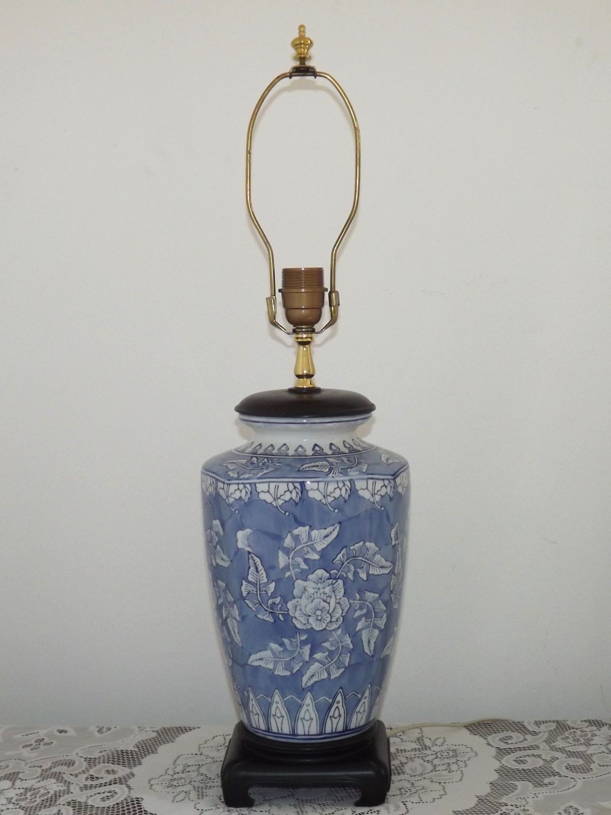 Tall Blue & White Oriental Style Ceramic Table Lamp With Floral Decoration Wooden Plynth Base photo furniture